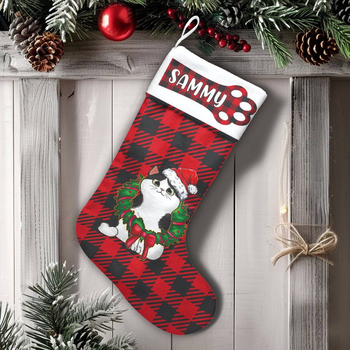Custom Name Pet Holiday Stocking, Personalized Buffalo Plaid Cat Christmas Stocking, Red Plaid Christmas Stocking, Velboa Cat