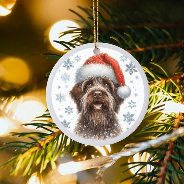 Dog in Santa Hat Ornament, German Wirehaired Pointer Christmas Ornament, Ceramic Dog Breed Ornament, Holiday Tree Decor, Dog 
