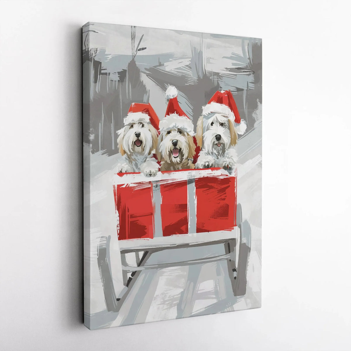Adorable Dogs in Santa Hats Wall Art, Christmas Dogs Sleigh Canvas Print, Festive Winter Holiday Poster, Puppy Lover Digital 