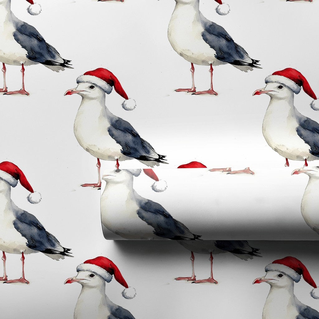 Coastal Christmas Gift Wrap, Santa Hat Seagull Wrapping Paper, Watercolor Beach Bird Present Paper, Nautical Holiday Gift Wra