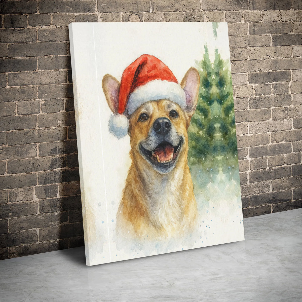 Watercolor Dog in Santa Hat Print, Smiling Christmas Puppy Canvas Art, Adorable Holiday Puppy Wall Decor, Festive Dog Lover C