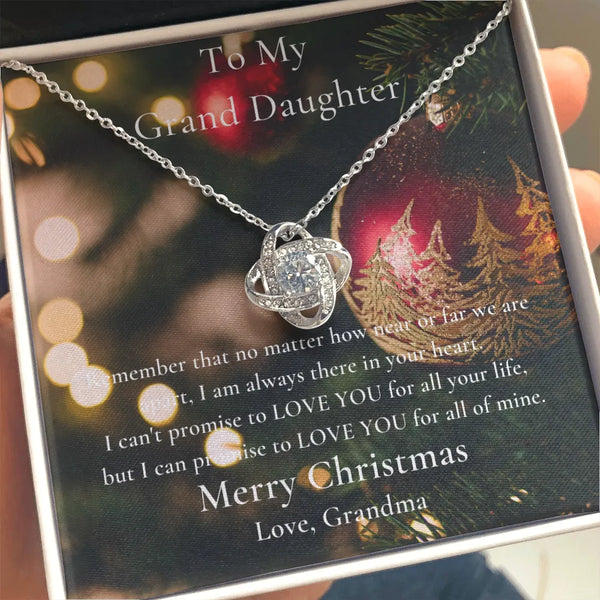 Christmas Knot Pendant Necklace, Love Knot Necklace for Granddaughter, 14k White Gold Finish Jewelry, Keepsake from Grandma G