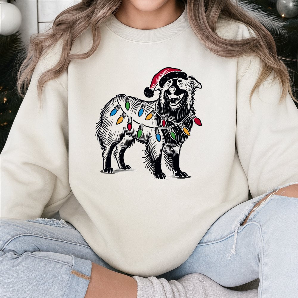 Aussie Santa Lights Sweatshirt, Australian Shepherd Christmas Sweatshirt, Adorable Shepherd Dog Holiday Sweater, Pet Lover Xm