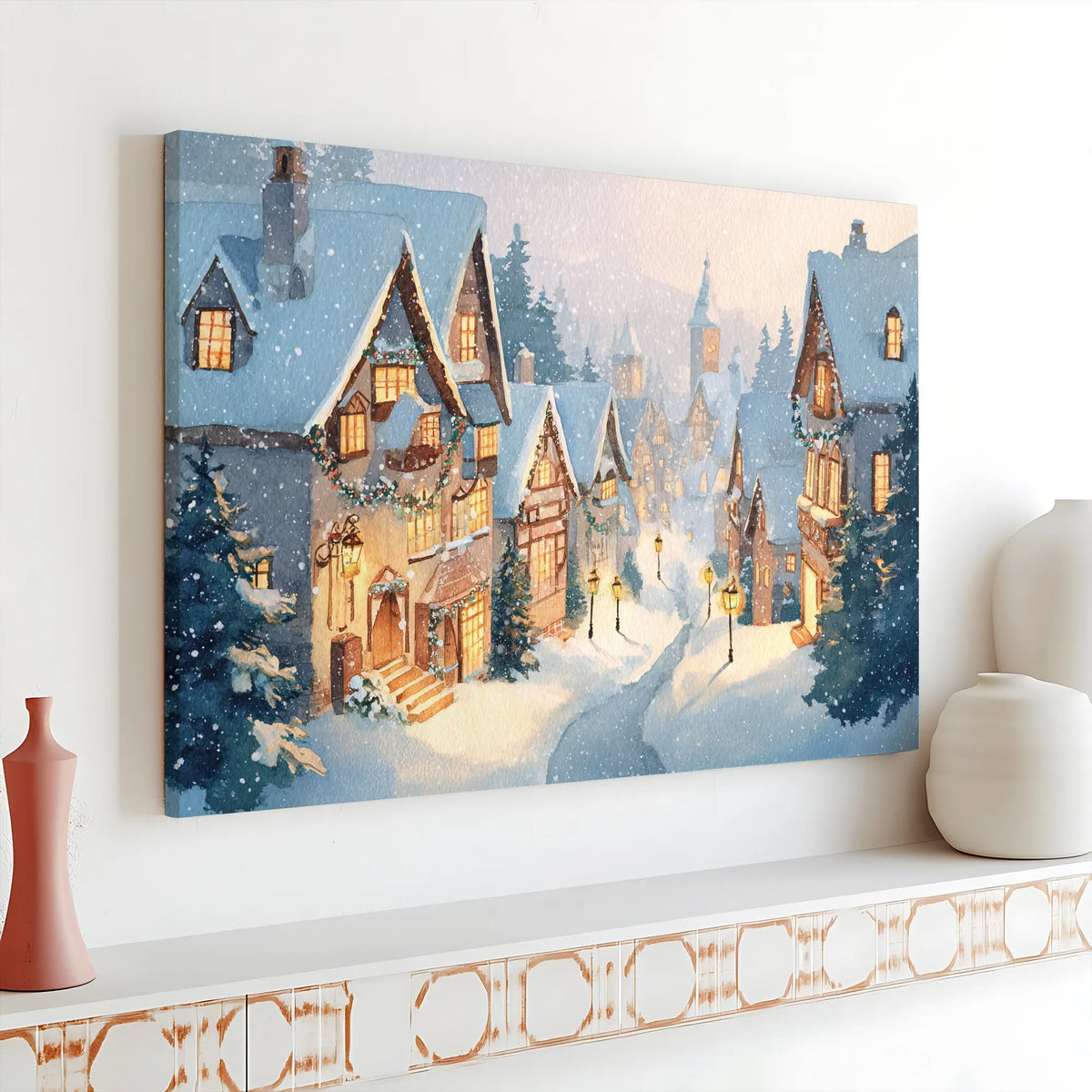 Winter Town Watercolor Canvas, Christmas Village Canvas Wall Art, Holiday Seasonal Canvas Print, Comfy Xmas Wall Decor, Chris