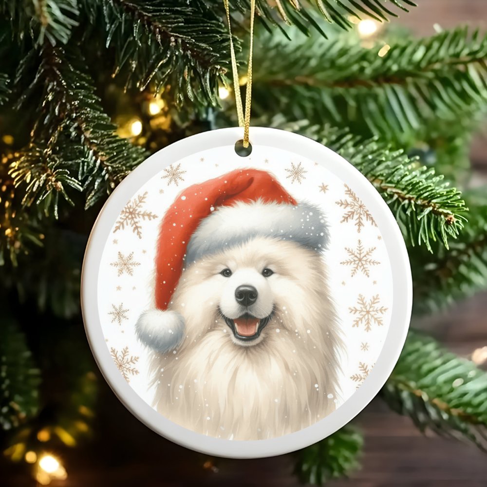 Santa Hat Fluffy Puppy Ornament, Samoyed Dog Christmas Ornament, Festive Dog Lover Ceramic Ornament, Xmas Tree Hanging Decor,