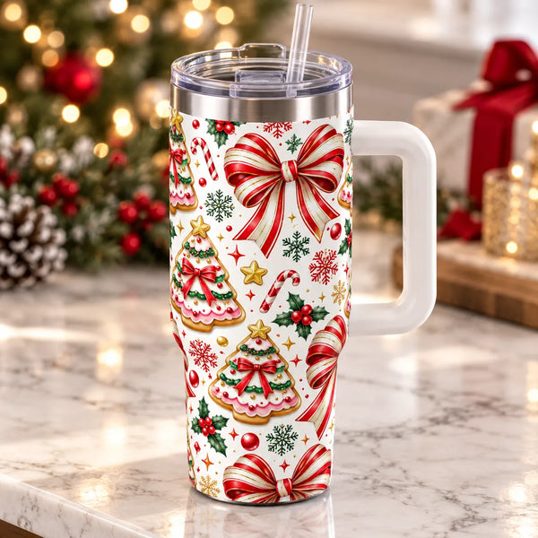 Red Ribbon Gingerbread Tree Cookie 40oz Tumbler, Candy Stripe Bow Christmas Tumbler, Holiday Candy Cane Insulated Tumbler, Xm