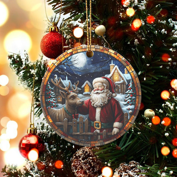 Snowy Village Christmas Ornament, Stained Glass Santa Reindeer Ornament, Festive Ceramic Tree Ornament, Winter Holiday Keepsa