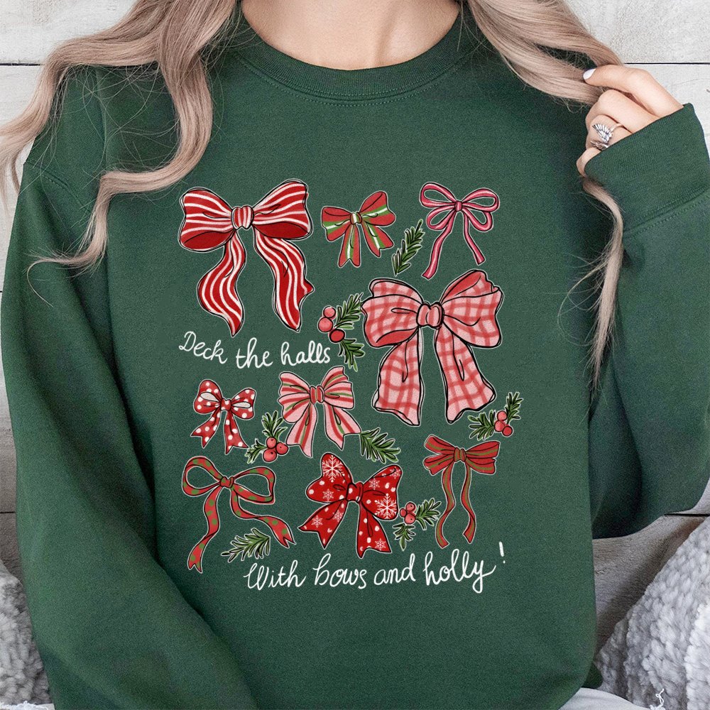 Deck the Halls Sweatshirt, Christmas Bows Sweatshirt, Coquette Holiday Bow Sweatshirt, Retro Winter Graphic Sweater, Christma