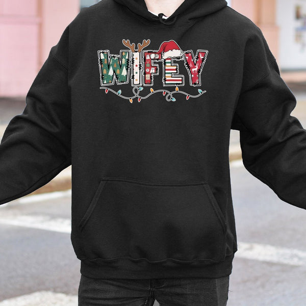 Festive Holiday Lights Graphic Hoodie, Wifey Christmas Hoodie, Newlywed Wife Xmas Hooded Sweatshirt, Comfy Winter Pullover Ho