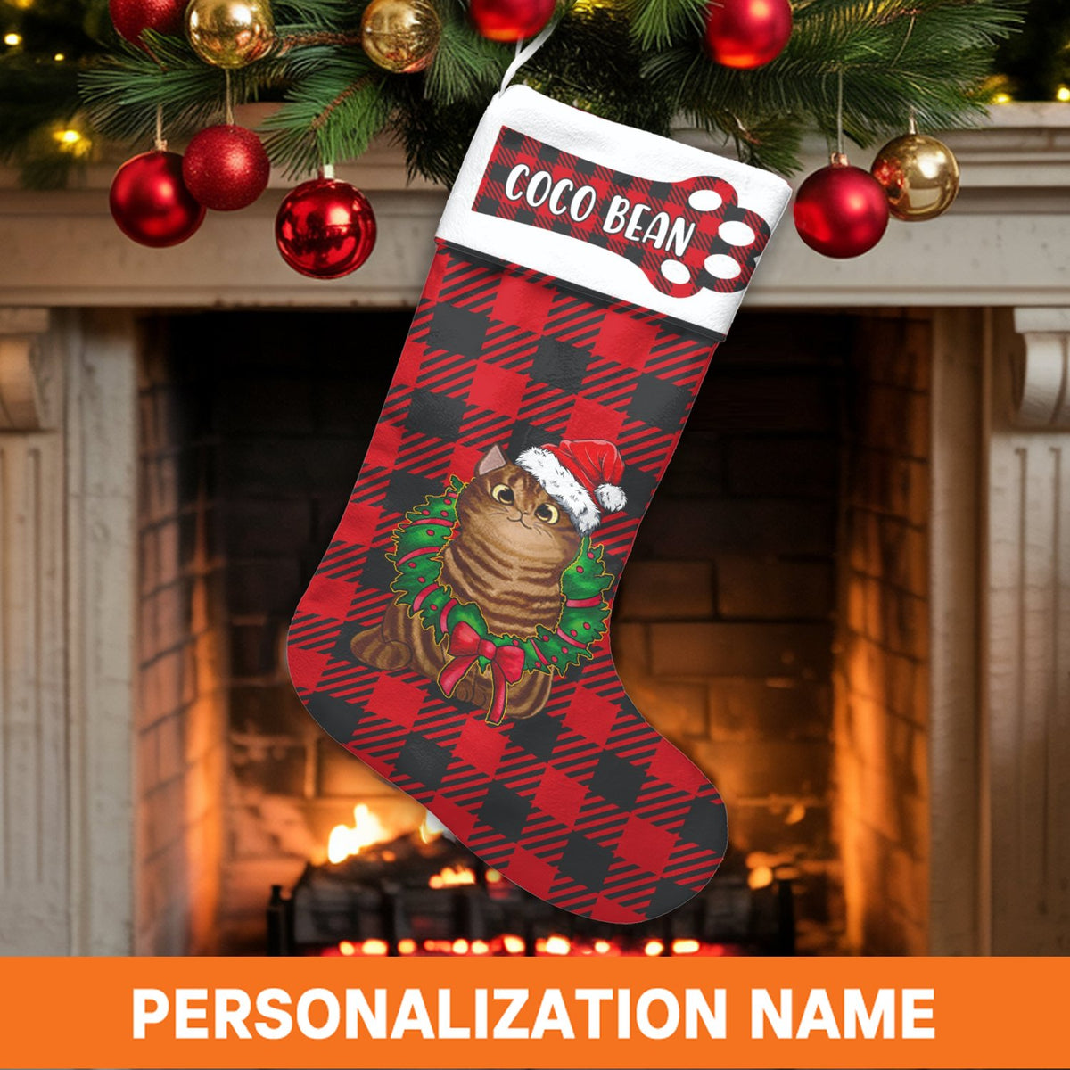 Buffalo Plaid Cat Stocking, Personalized Cat Christmas Stocking, Custom Pet Name Stocking, Velboa Holiday Decor, Present for 
