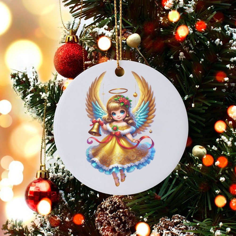 Adorable Angel Tree Ornament, Chibi Christmas Angel Ceramic Ornament, Golden Wings Angel Holiday Ornament, Ceramic Christmas 