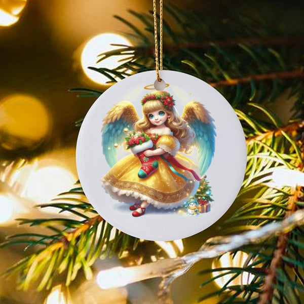 Angel Girl Holiday Tree Ornament, Christmas Angel Ornament, Adorable Stocking Ceramic Ornament, Festive Angel Christmas Ornam