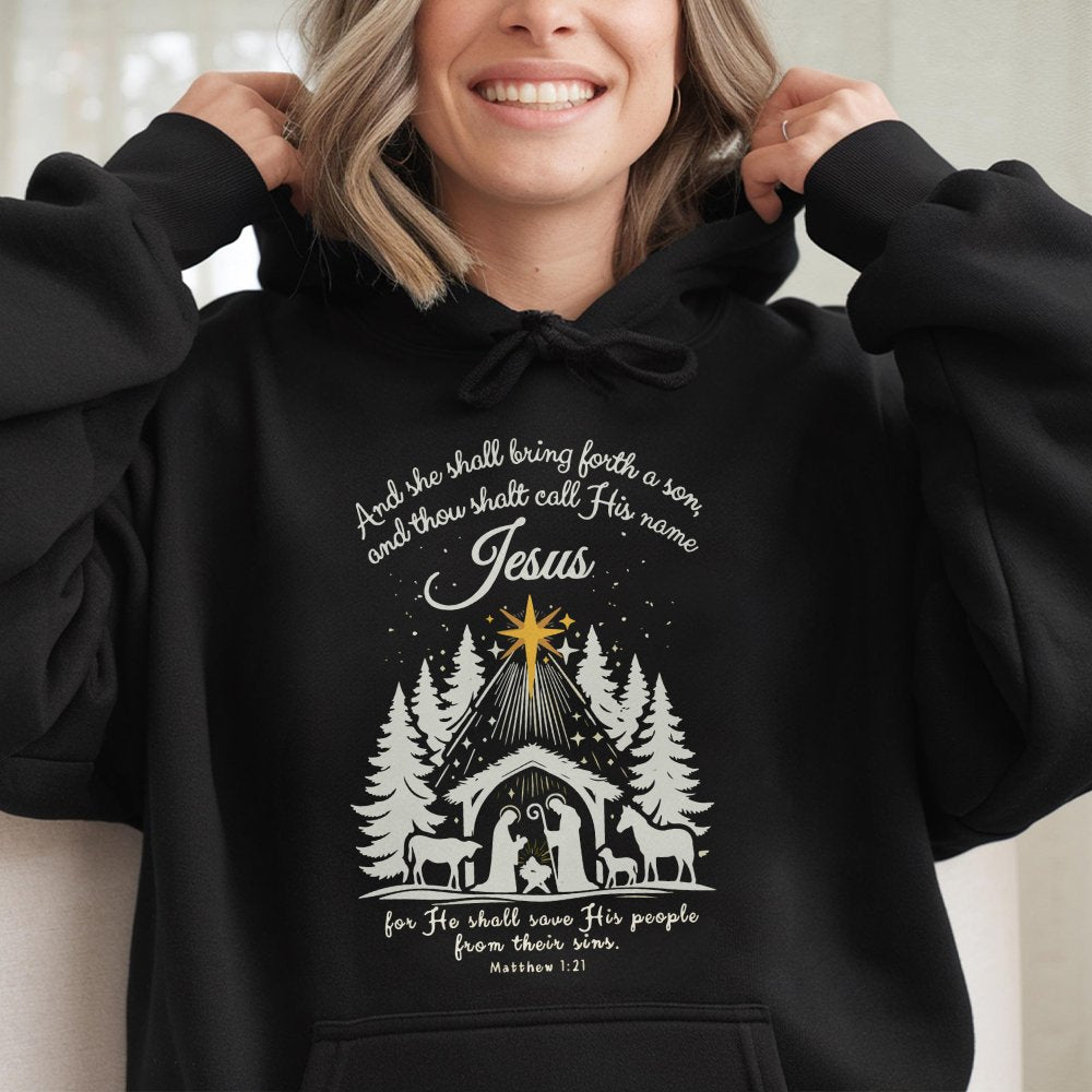 Matthew 1:21 Bible Verse Hoodie, Nativity Scene Hoodie, Christian Christmas Hoodie, Faith Hooded Sweatshirt, Holiday Church P