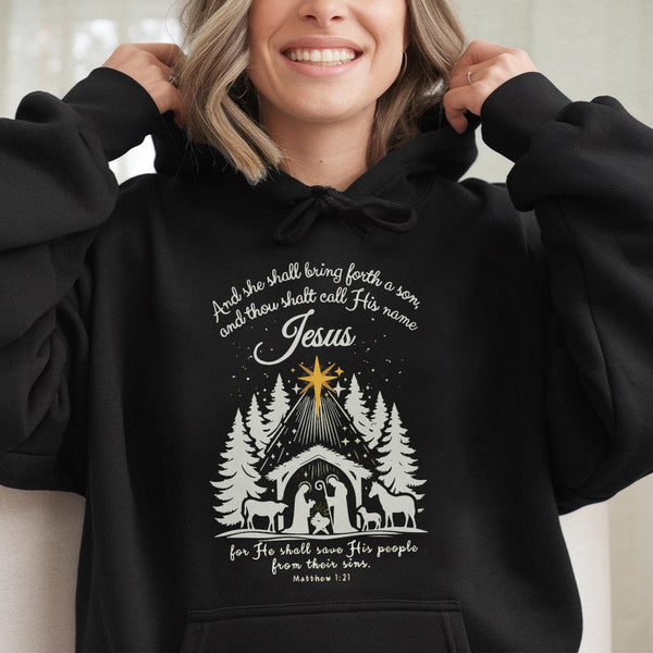 Matthew 1:21 Bible Verse Hoodie, Nativity Scene Hoodie, Christian Christmas Hoodie, Faith Hooded Sweatshirt, Holiday Church P
