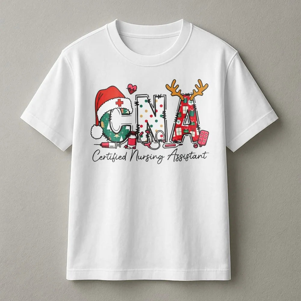 Festive Medical Stethoscope Tee, CNA Christmas Shirt, Nurse Assistant Holiday T-Shirt, Certified Nursing Assistant Xmas Prese
