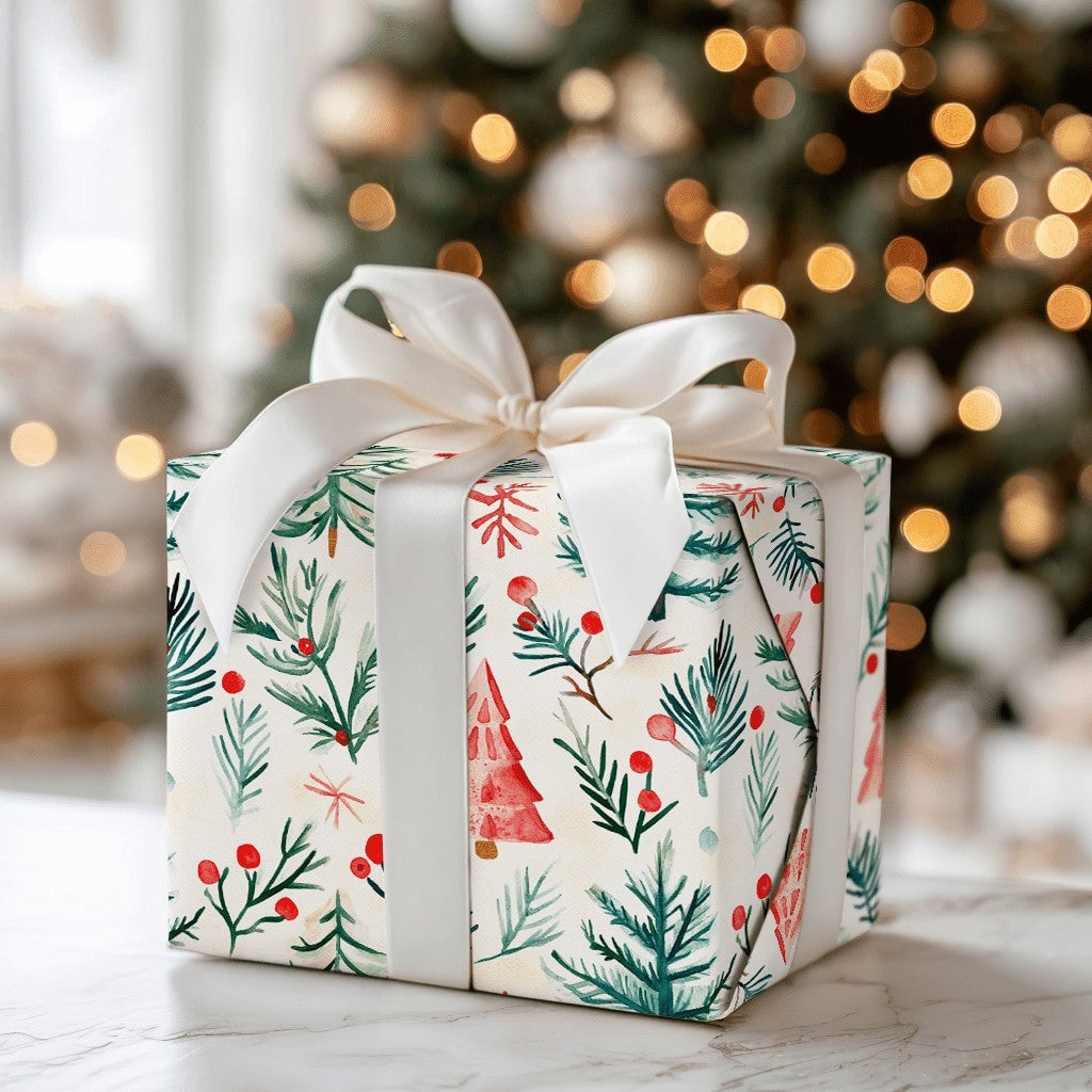 Rustic Winter Forest Gift Wrap, Watercolor Pine Tree Wrapping Paper, Christmas Holly Berry Wrapping Paper, Holiday Present Wr