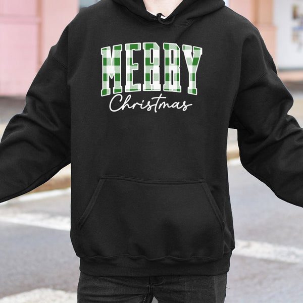 Green Plaid Varsity Lettering Hooded Sweatshirt, Merry Christmas Hoodie, Preppy Holiday Tree Pullover, Comfy Festive Winter O