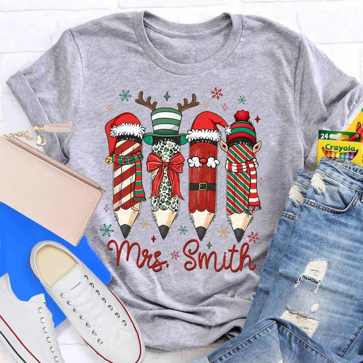 Adorable Pencil Holiday T-Shirt, Personalized Teacher Christmas Shirt, Custom Teacher Tee, Festive School Graphic Shirt, Holi