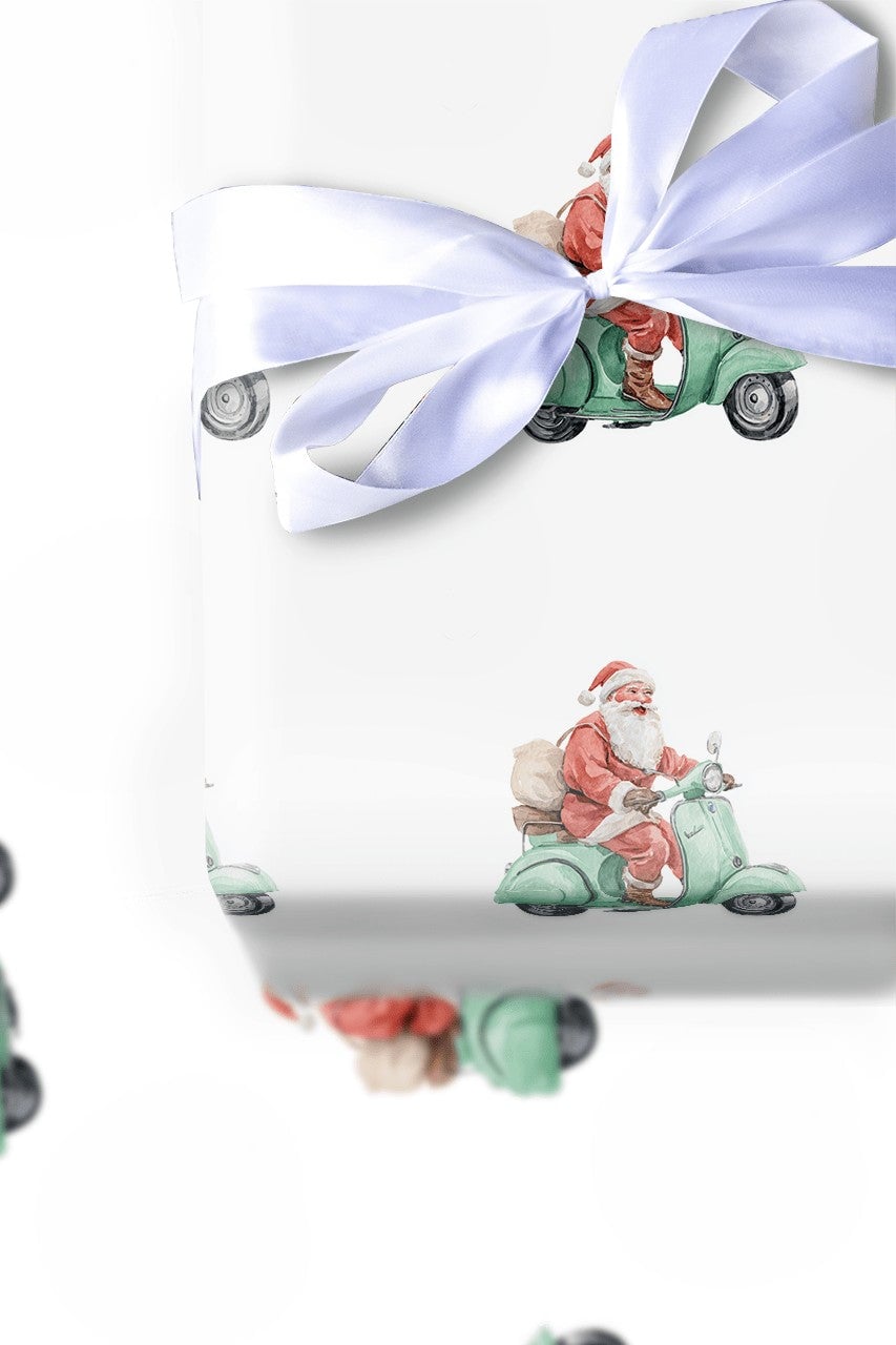 Mint Green Holiday Gift Wrap, Retro Santa Scooter Wrapping Paper, Adorable Christmas Wrapping Paper, Whimsical Winter Wrappin