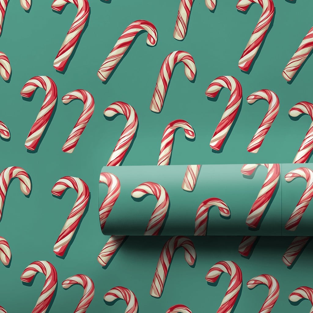 Festive Candy Cane Gift Wrap, Candy Cane Christmas Wrapping Paper, Red and White Candy Cane Present Paper, Teal Holiday Wrapp