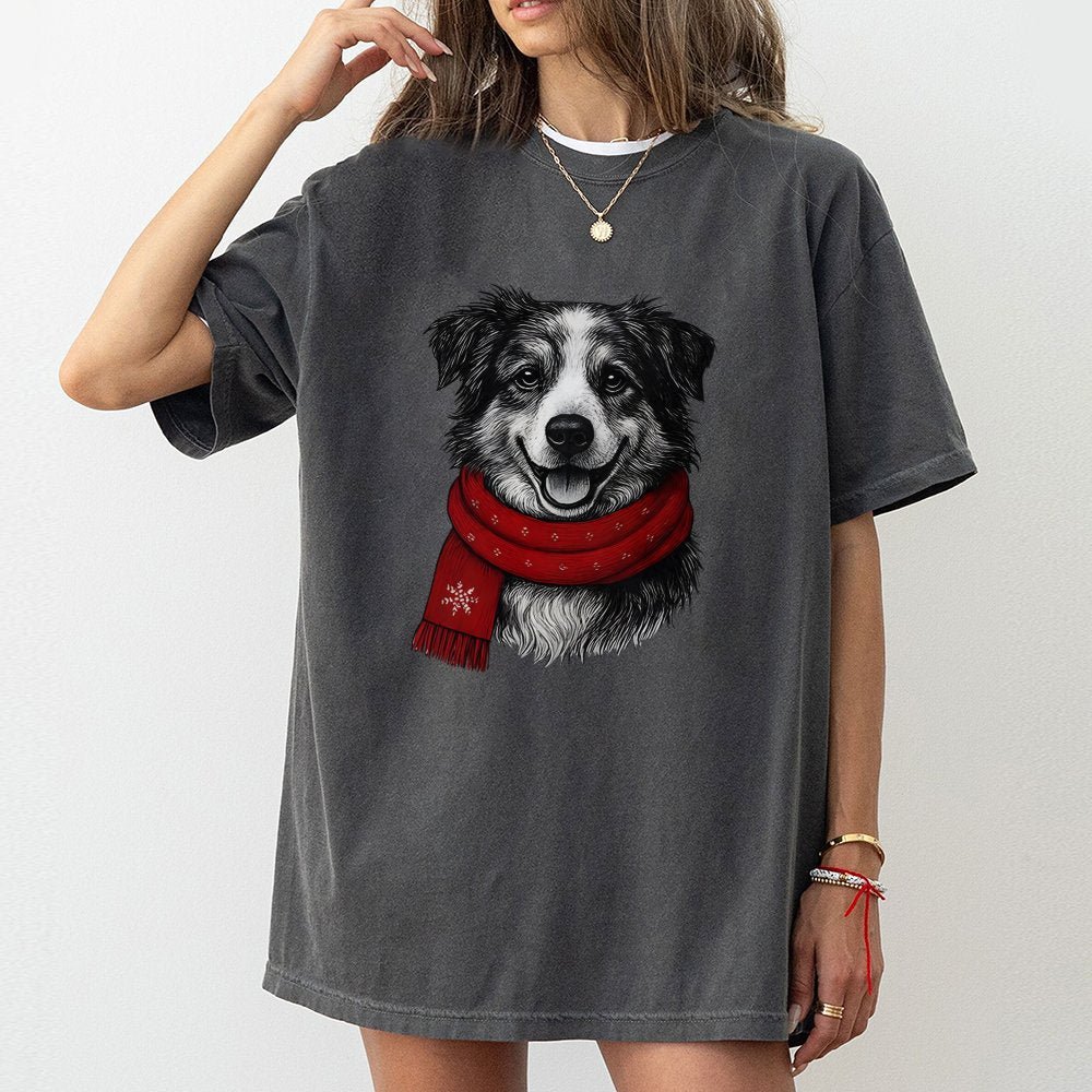 Adorable Winter Scarf Dog Graphic Tee, Border Collie Christmas Dog T-Shirt, Holiday Dog Lover Shirt, Festive Puppy Xmas T-Shi