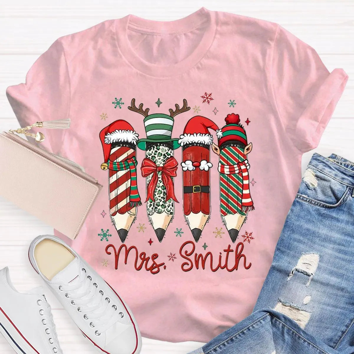 Adorable Pencil Holiday T-Shirt, Personalized Teacher Christmas Shirt, Custom Teacher Tee, Festive School Graphic Shirt, Holi