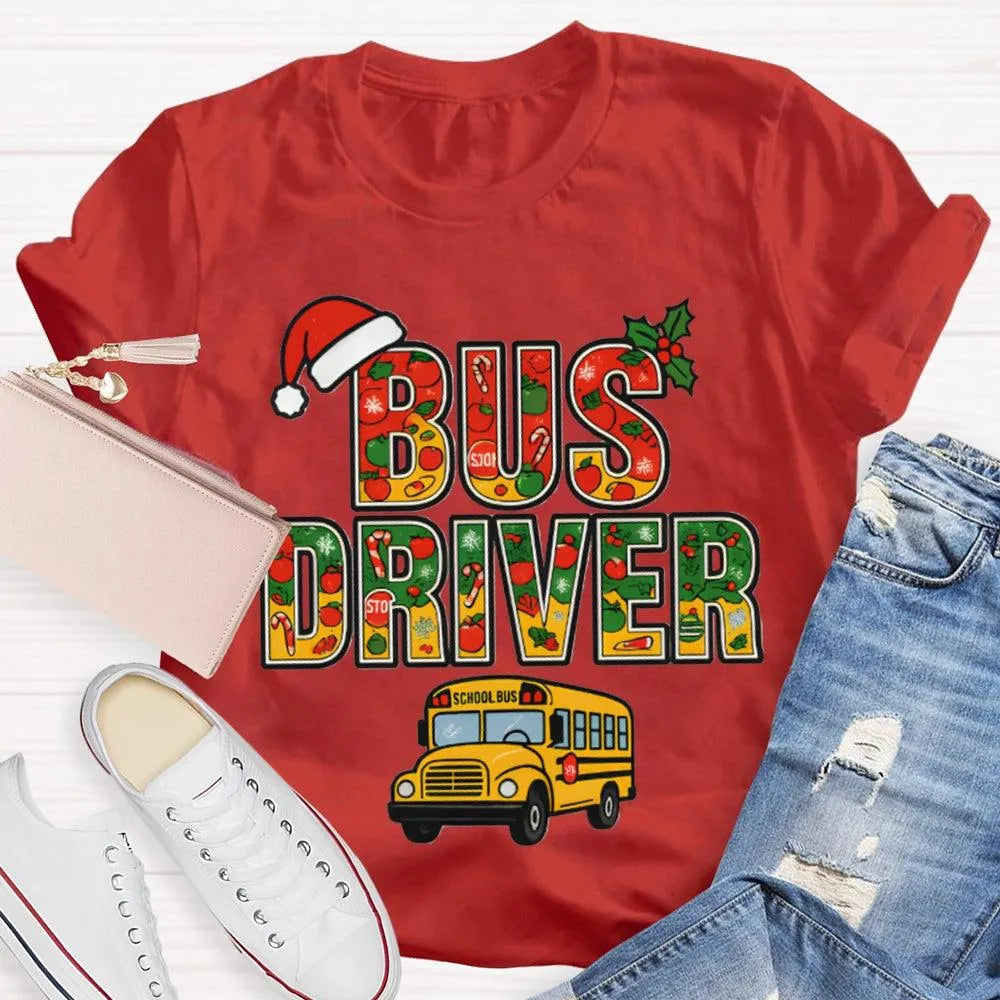 Santa Hat Bus Driver Graphic Tee, School Bus Driver Christmas T-Shirt, Humorous Holiday Driver Shirt, Transportation Staff Xm