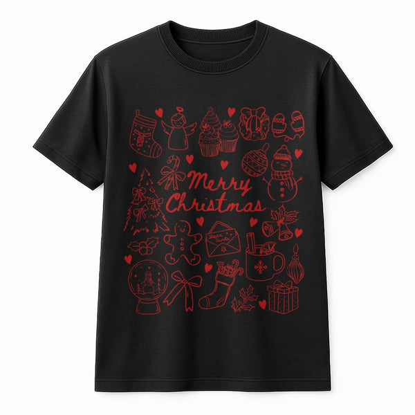 Adorable Holiday Bow Graphic Tee, Merry Christmas Doodles T-Shirt, Festive Doodle Christmas Shirt, Coquette Xmas Tee, Holiday
