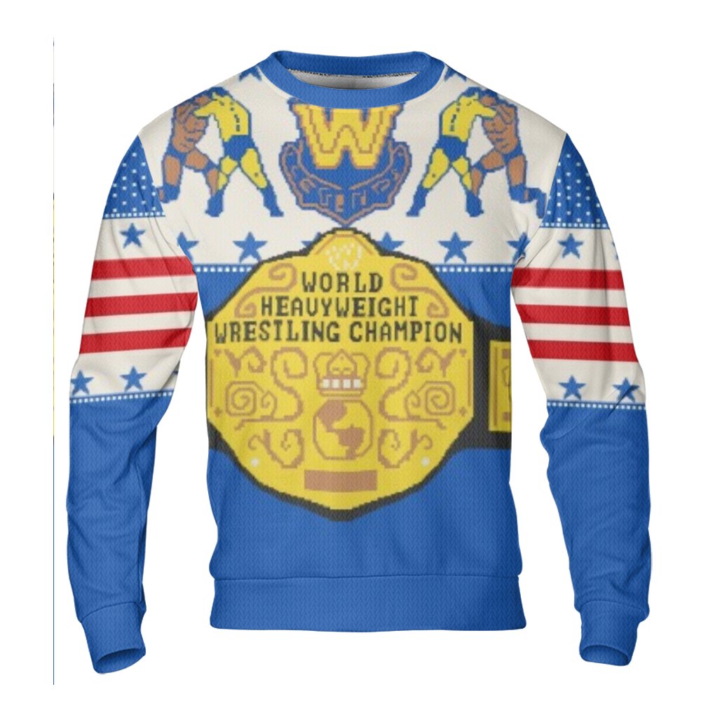 Retro Pixel Art Wrestling Belt Sweatshirt, Wrestling Championship Ugly Sweater, Humorous Wrestling Ugly Christmas Sweater, Re