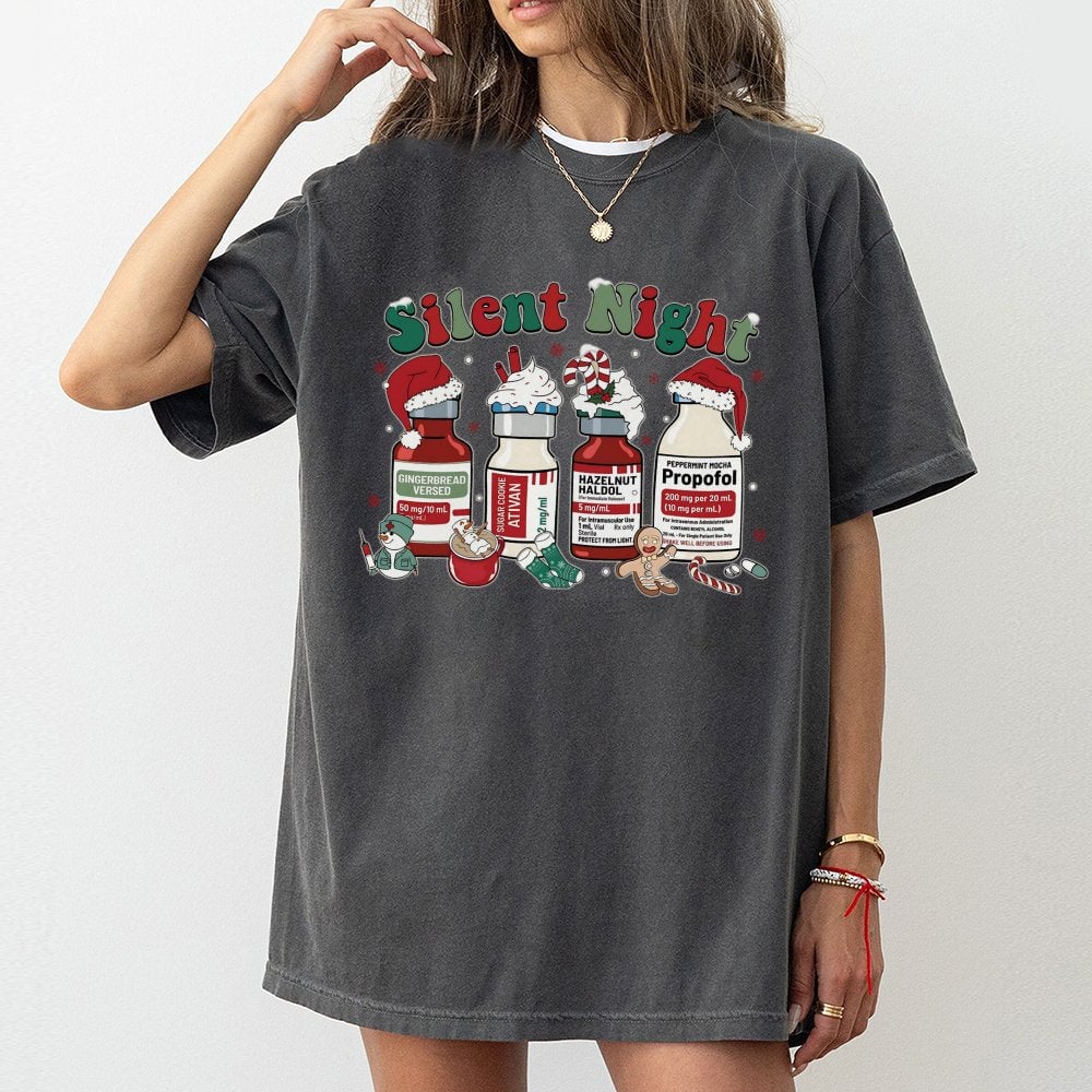 Humorous Medical Holiday Hospital Tee, Silent Night Nurse Christmas T-Shirt, ICU RN Nurse Christmas Graphic T-Shirt, Nursing 