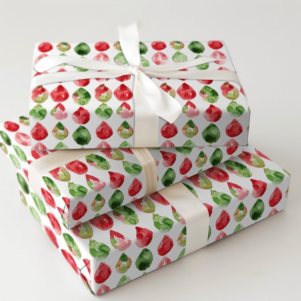 Red and Green Christmas Gift Wrap, Watercolor Gem Teardrop Wrapping Paper, Retro Holiday Teardrop Wrapping Paper, Festive Gif