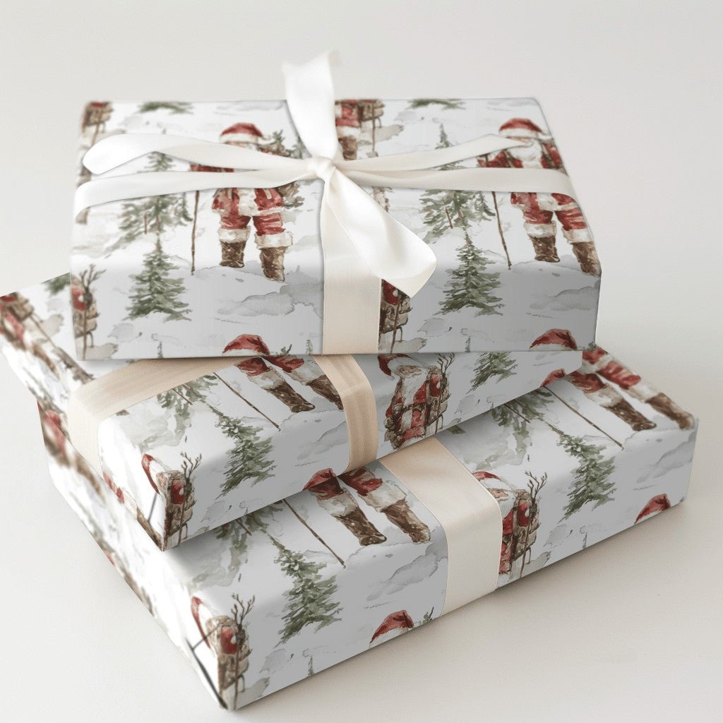 Snowy Forest Christmas Gift Wrap, Vintage Hiking Santa Wrapping Paper, Watercolor Santa Claus Present Paper, Rustic Holiday P