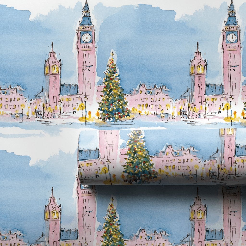 Watercolor Winter Cityscape Gift Wrap, London Big Ben Christmas Wrapping Paper, Festive London Holiday Wrapping Paper, Travel