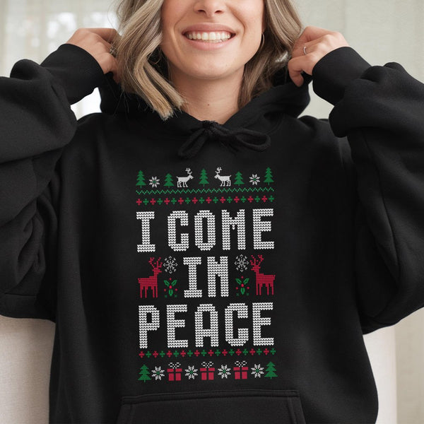 Humorous Ugly Christmas Sweater Style Hoodie, I Come in Peace Hoodie, Retro Alien Xmas Hooded Sweatshirt, Holiday Party Coupl