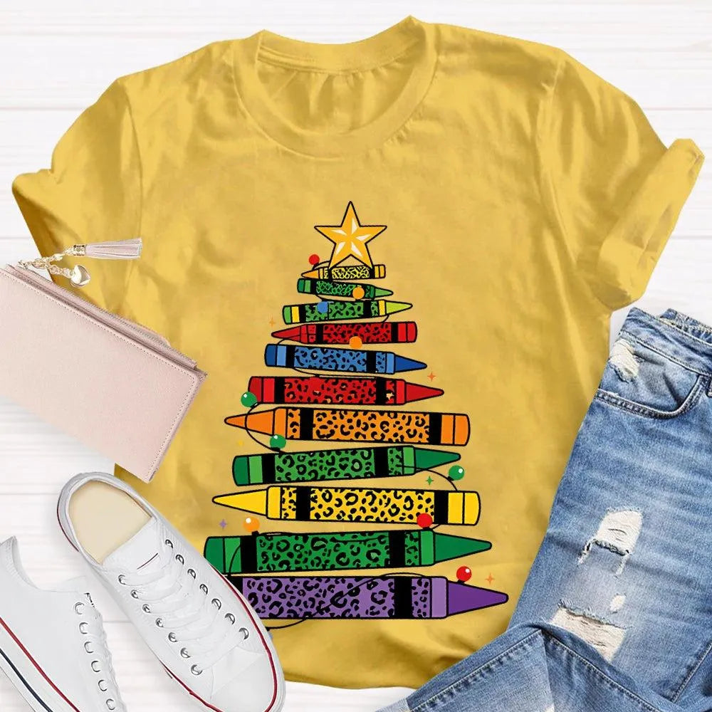 Art Teacher T-Shirt, Colored Pencils Leopard Christmas Tree Shirt, Holiday Graphic Tee, Festive Art Teacher Shirt, Christmas 