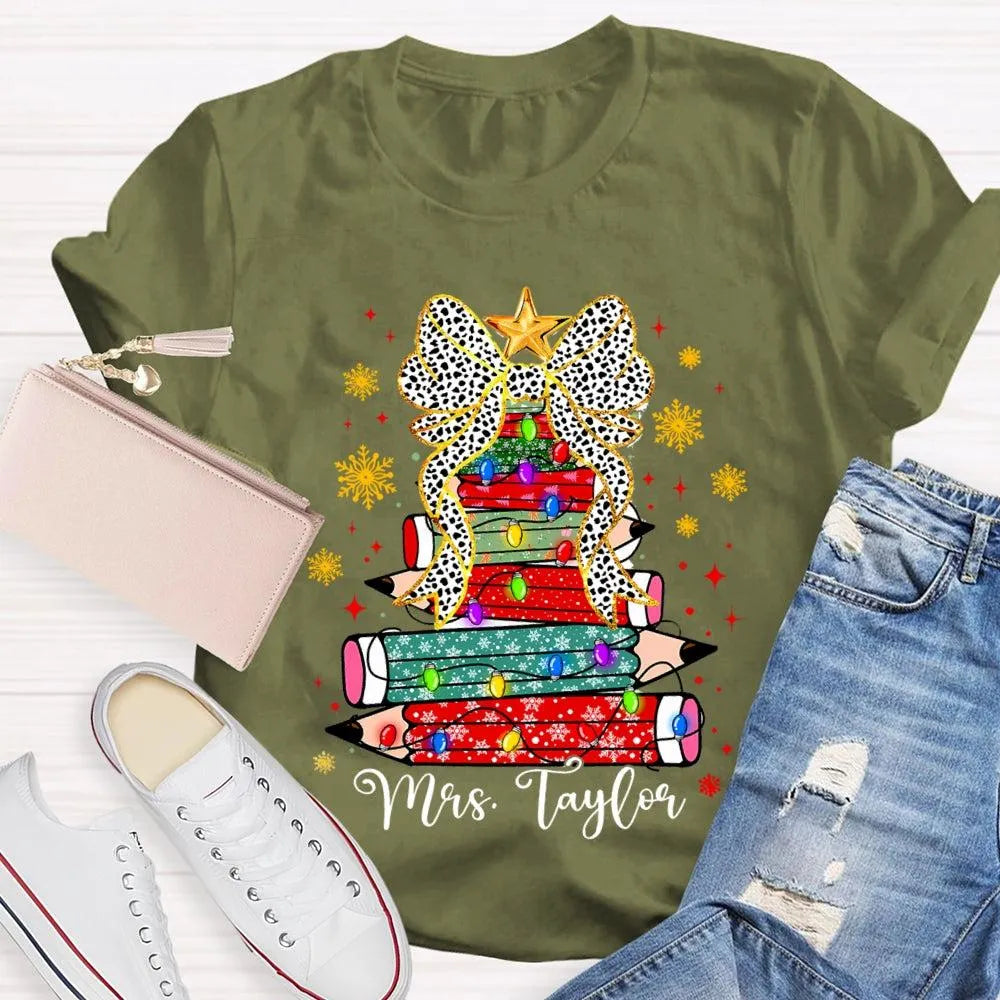 Custom Name Pencil Snowflake Tee, Personalized Teacher Christmas Tree Shirt, Holiday Teacher T-Shirt, Christmas Teacher Prese