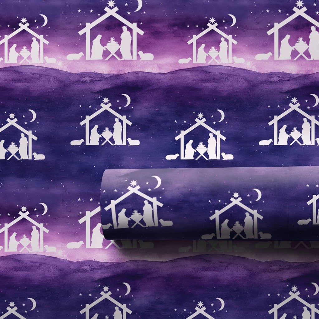 Christian Christmas Gift Wrap, Nativity Scene Wrapping Paper, Purple Starry Night Holiday Paper, Religious Holy Family Gift W