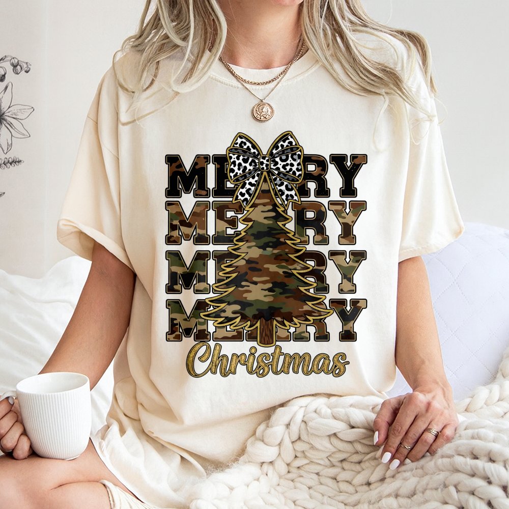 Leopard Bow Holiday Tree Graphic Shirt, Camo Merry Christmas T-Shirt, Rustic Western Xmas Tee, Southern Winter Holiday Shirt 