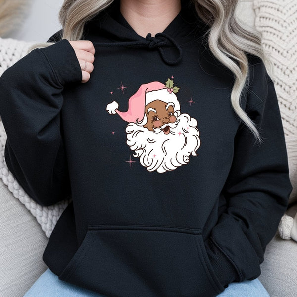 Retro Pink Hat Christmas Graphic Sweatshirt, Black Santa Hoodie, Melanin Santa Claus Pullover, Comfy Holiday Hooded Sweater, 