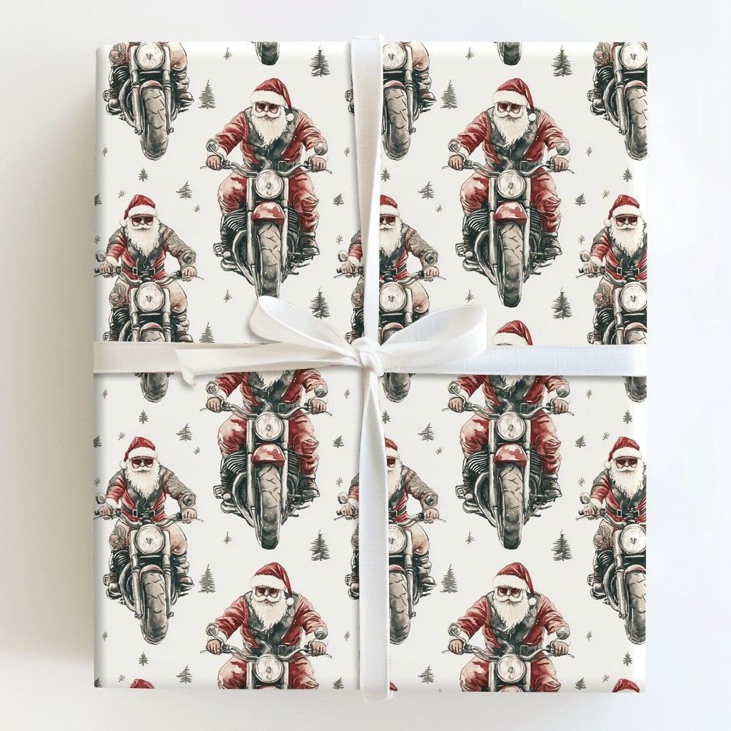 Motorcycle Christmas Gift Wrap, Biker Santa Wrapping Paper, Cool Santa Holiday Wrapping Paper, Retro Motorcyclist Xmas Gift W