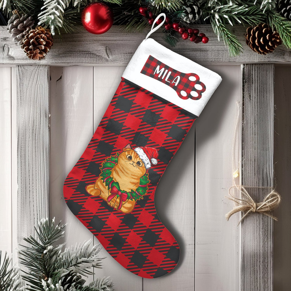 Red Buffalo Plaid Pet Holiday Stocking, Personalized Cat Christmas Stocking, Custom Name Xmas Cat Stocking, Adorable Pet Love