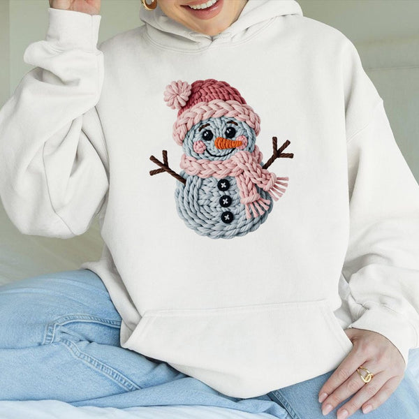 Knitted Yarn Snowman Sweatshirt, Adorable Snowman Hoodie, Winter Holiday Snowman Pullover, Comfy Christmas Hooded Sweatshirt,