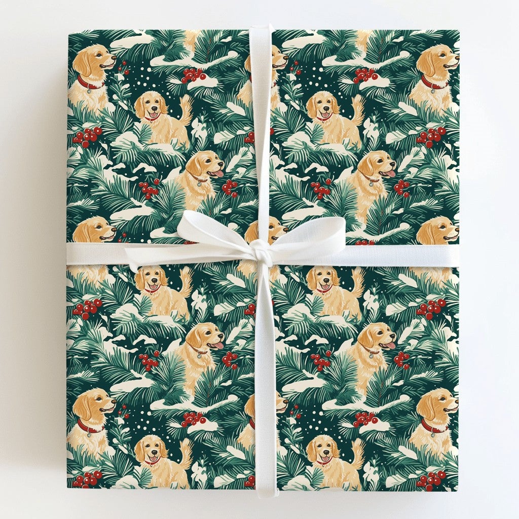 Snowy Pine Holly Dog Gift Wrap, Golden Retriever Wrapping Paper, Winter Dog Lover Holiday Wrapping Paper, Christmas Puppy Wra