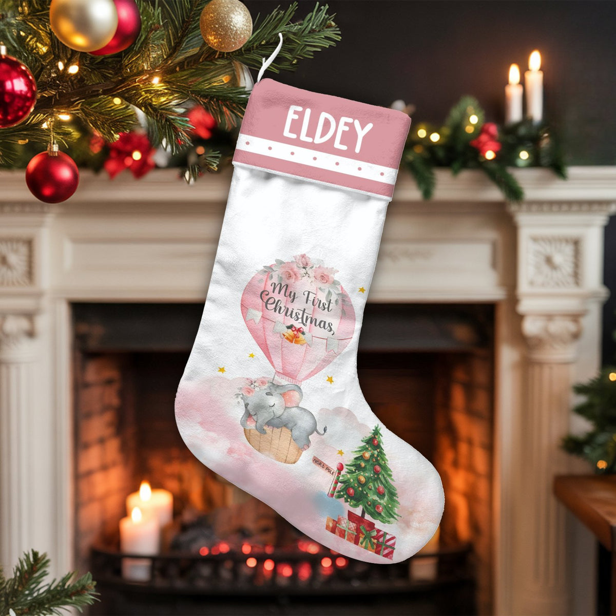 Baby First Christmas Stocking, Personalized Baby Elephant Christmas Stocking, Custom Name Holiday Stocking, Adorable Nursery 