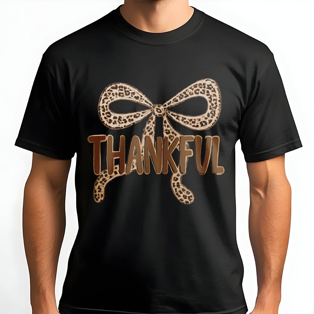 Thankful T-Shirt | Leopard Print Bow Design | 100% Soft Cotton | Thanksgiving Fall Gift for Women
