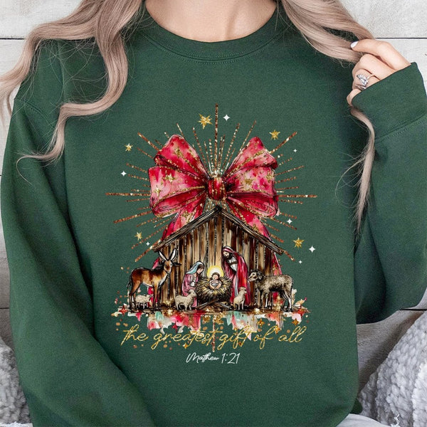 The Greatest Present of All Religious Pullover, Nativity Scene Christmas Sweatshirt, Christian Holy Night Holiday Sweater, Fa