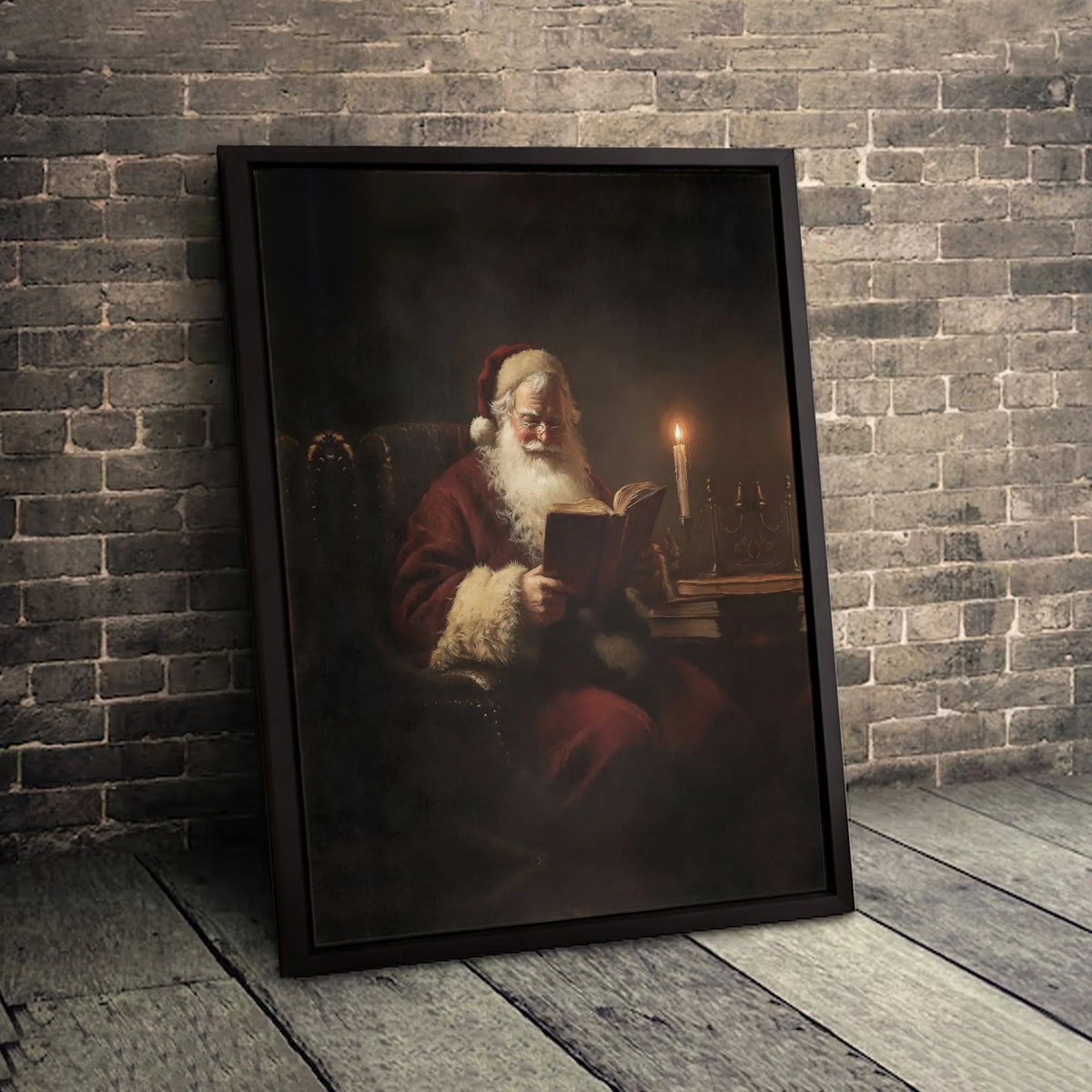 Vintage Christmas Canvas Wall Art, Santa Claus Reading a Book Canvas Print, Oil Painting Style Holiday Canvas, Festive Xmas W