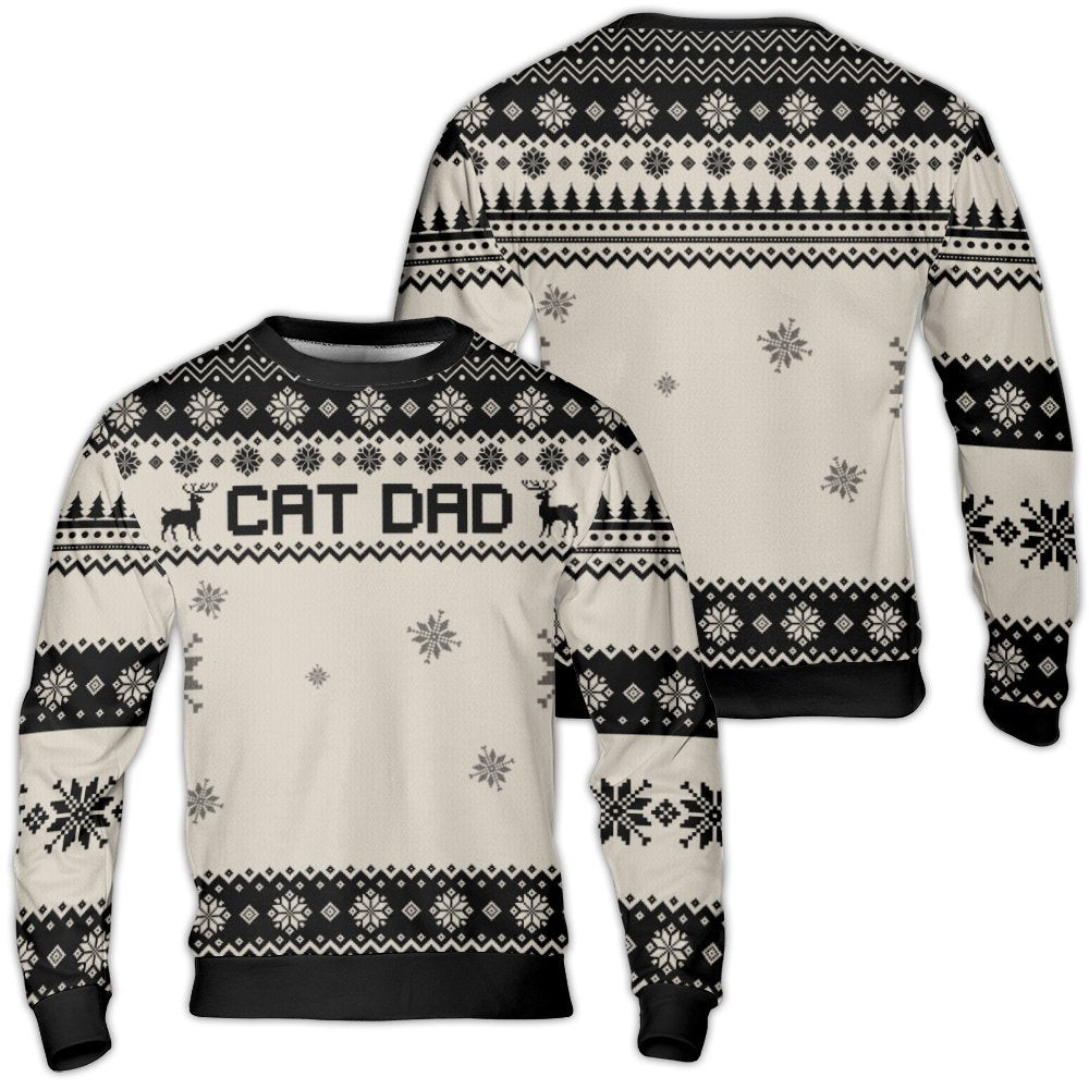 Black and White Reindeer Snowflake Holiday Sweater, Cat Dad Ugly Christmas Sweater, Humorous Pet Lover Crewneck, Xmas Present