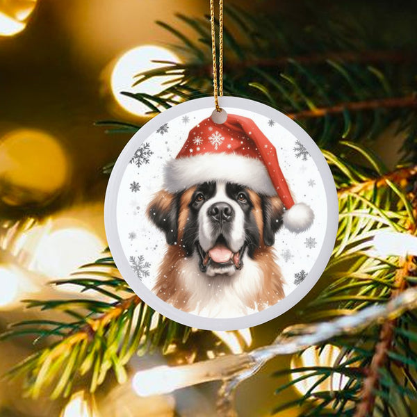 Dog in Santa Hat Ceramic Ornament, Saint Bernard Christmas Ornament, Snowy Winter Holiday Tree Keepsake, Giant Breed Dog Love