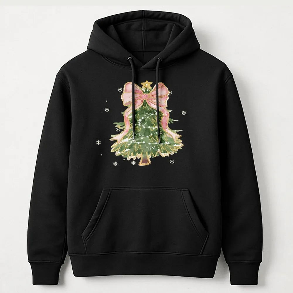 Pink Bow Aesthetic Hoodie, Coquette Christmas Tree Hoodie, Adorable Girly Xmas Tree Hoodie, Pastel Holiday Pullover, Winter P